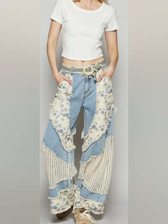 POL Denim - BIG DISCOUNT Women's Light Blue Patchwork Jeans Floral Crochet Contrasts